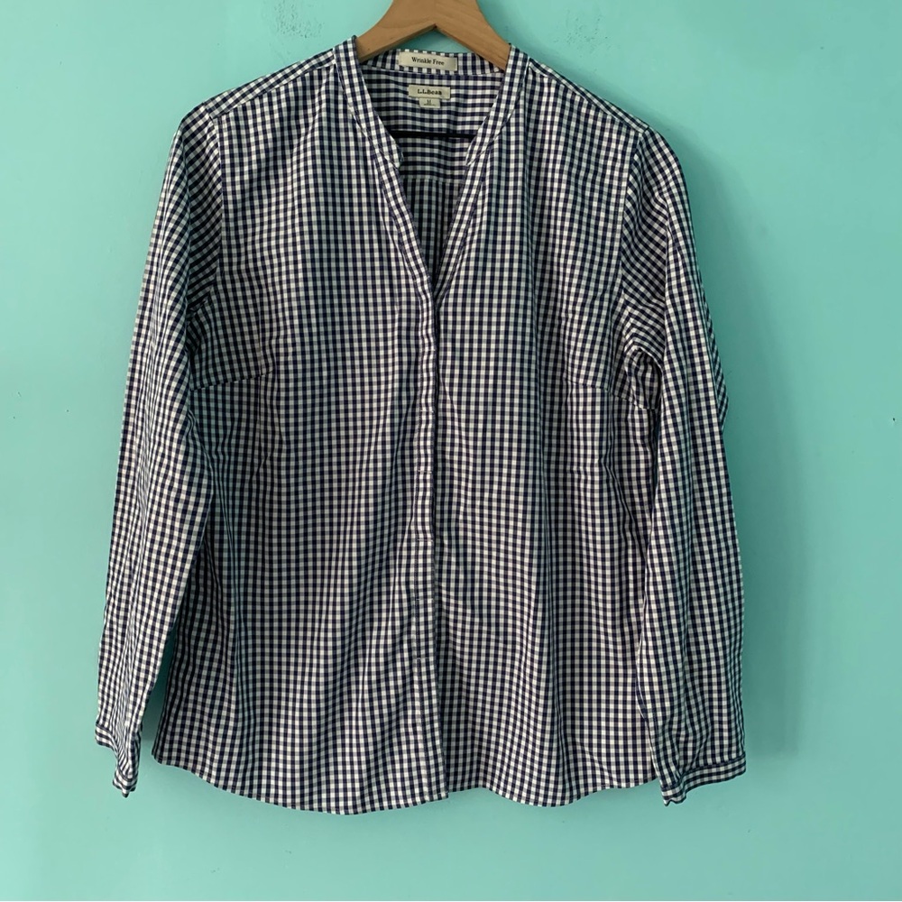 L.L. Bean Gingham Relax Wrinkle-Free Preppy Shirt M Patriotic Oxford Splitneck